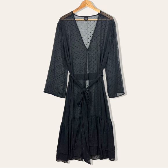 Express Swiss Dot Sheer Shimmery Ruffle Hem Long Sleeve Layering Duster Kimono - Picture 6 of 14